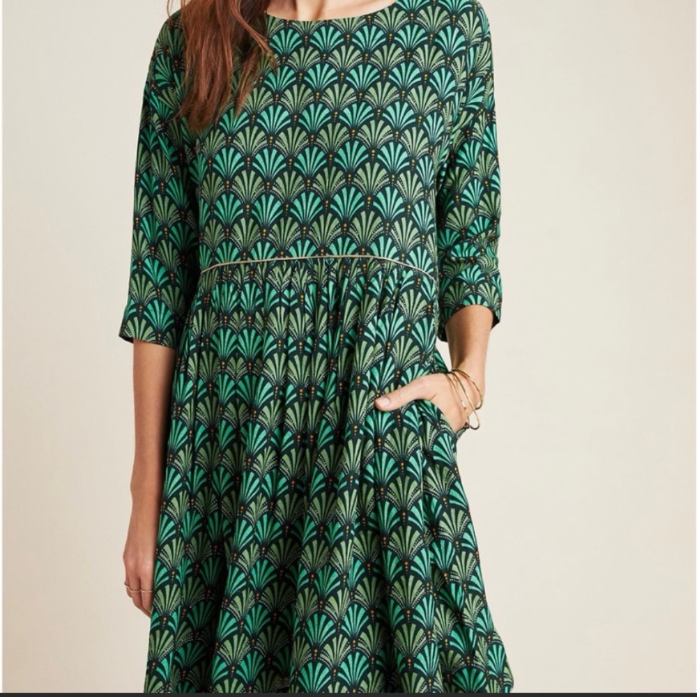 Anthropologie Maeve Green Magnolia Babydoll Dress
